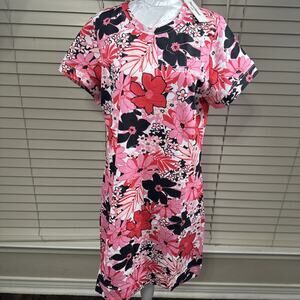 Juicy Couture XL Pink‎ Black Floral Shirt Dress 70s Flower Power Retro Colorful